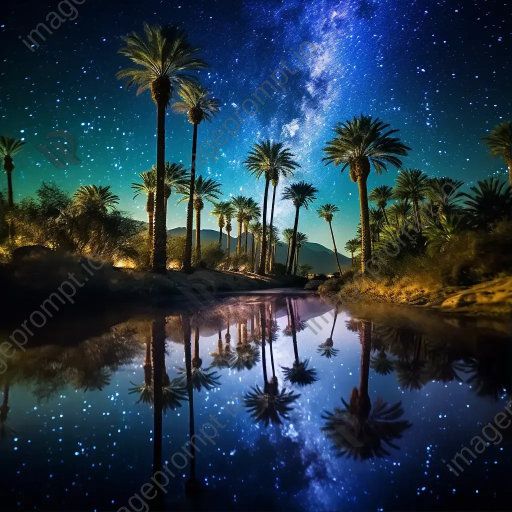 Milky Way galaxy over desert oasis with palm trees and star reflections - Image 1