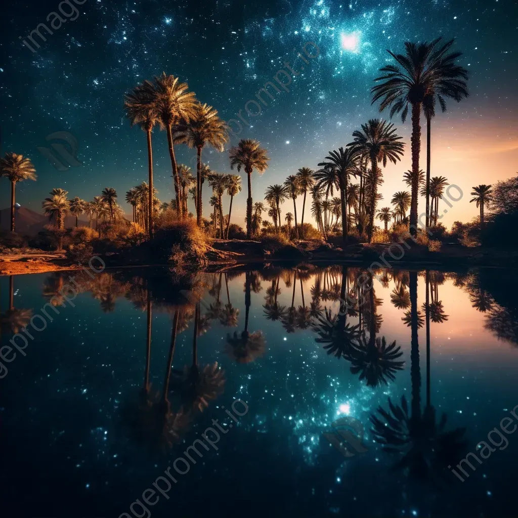 Milky Way galaxy over desert oasis with palm trees and star reflections - Image 2