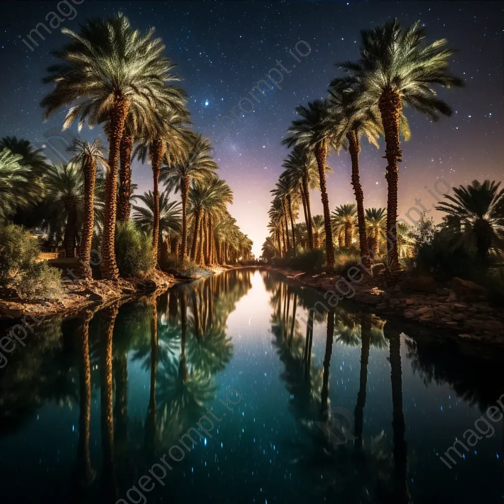 Milky Way galaxy over desert oasis with palm trees and star reflections - Image 3