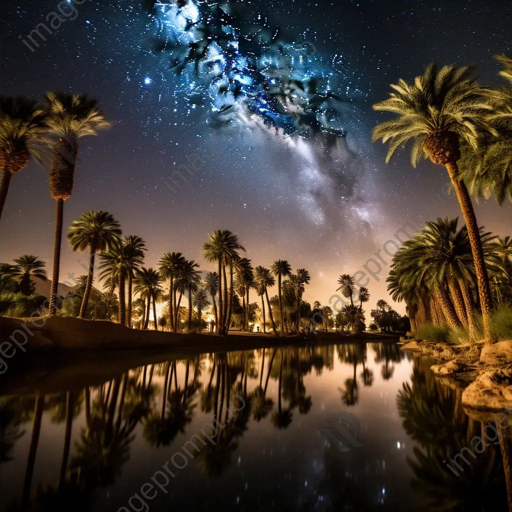 Milky Way galaxy over desert oasis with palm trees and star reflections - Image 4