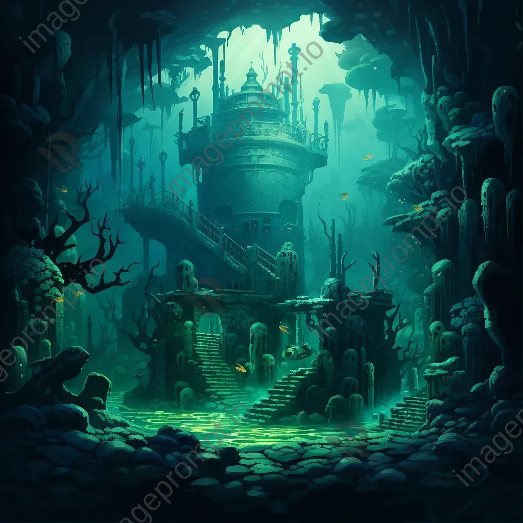 Art Deco styled painting of a submarine expedition into mysterious underwater ruins - Image 1