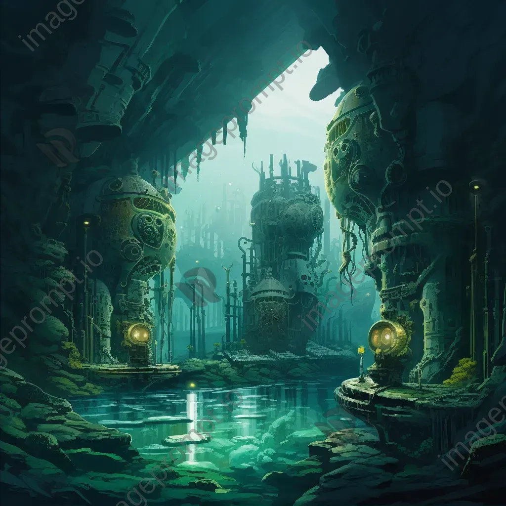 Art Deco styled painting of a submarine expedition into mysterious underwater ruins - Image 2