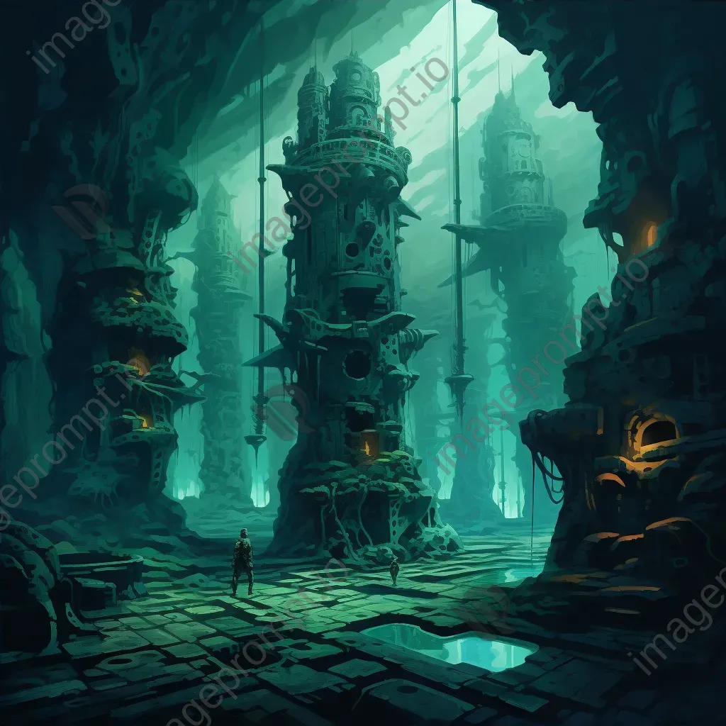 Art Deco styled painting of a submarine expedition into mysterious underwater ruins - Image 4