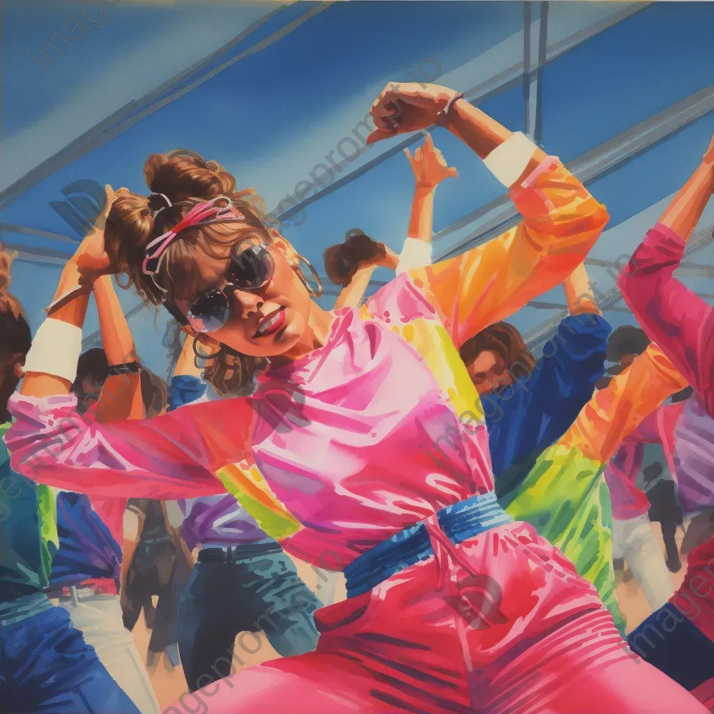 Vibrant artwork of a lively 1980s aerobics class - Image 2