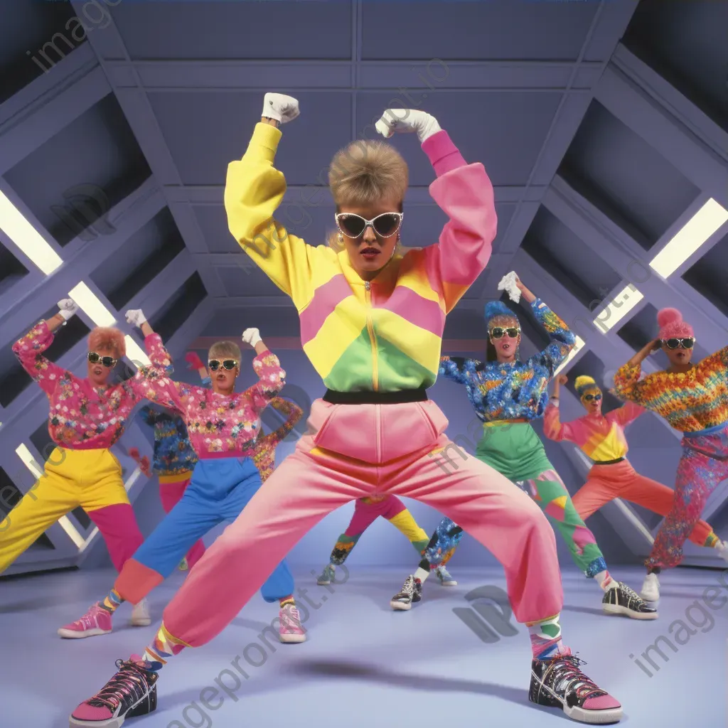 Vibrant artwork of a lively 1980s aerobics class - Image 3