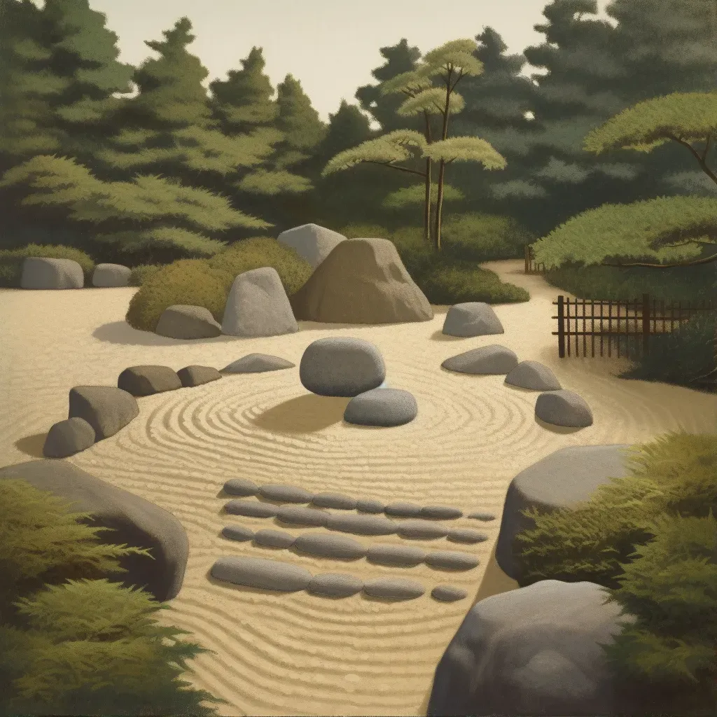 Tranquil Zen rock garden with raked sand and large stones - Image 1