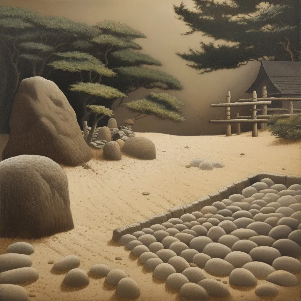 Tranquil Zen rock garden with raked sand and large stones - Image 2