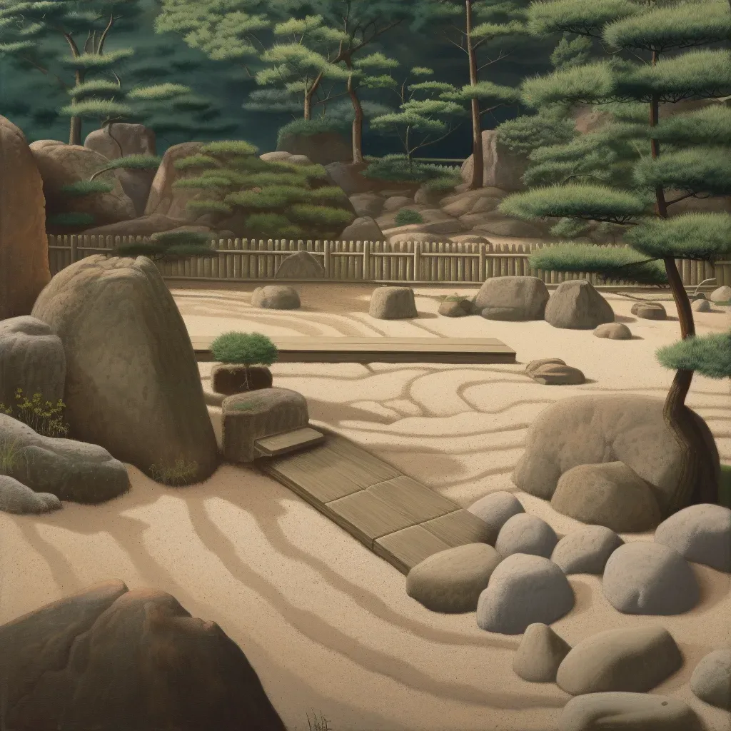 Tranquil Zen rock garden with raked sand and large stones - Image 3