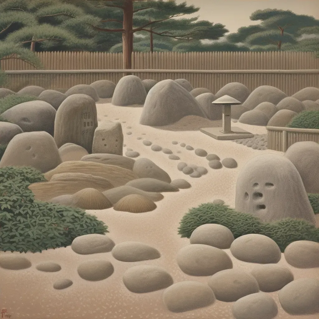 Tranquil Zen rock garden with raked sand and large stones - Image 4