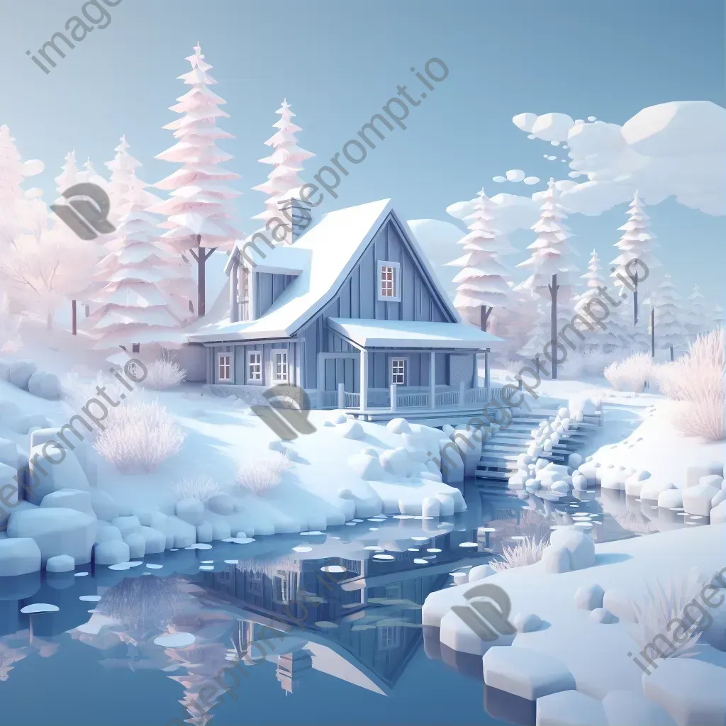 Low poly depiction of a remote cottage in a serene winter wonderland - Image 1