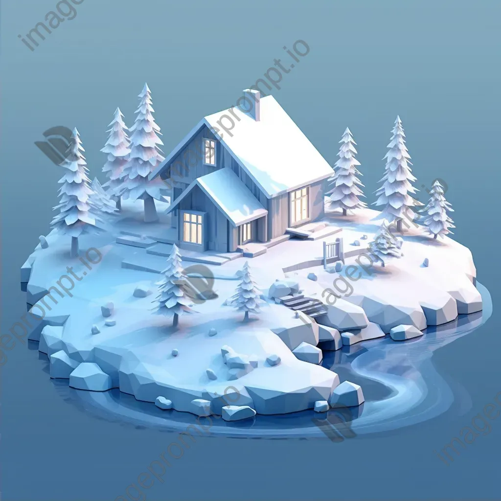 Low poly depiction of a remote cottage in a serene winter wonderland - Image 2