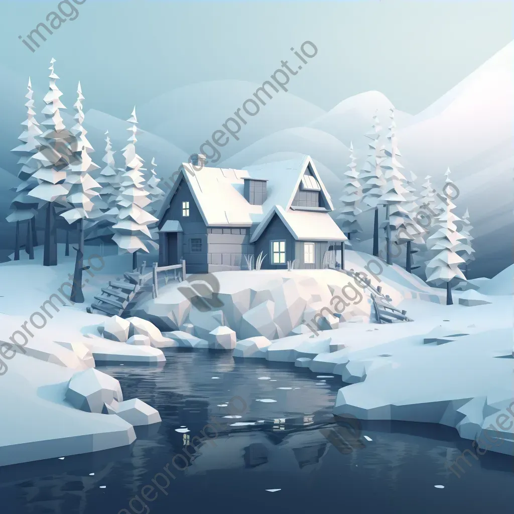 Low poly depiction of a remote cottage in a serene winter wonderland - Image 3