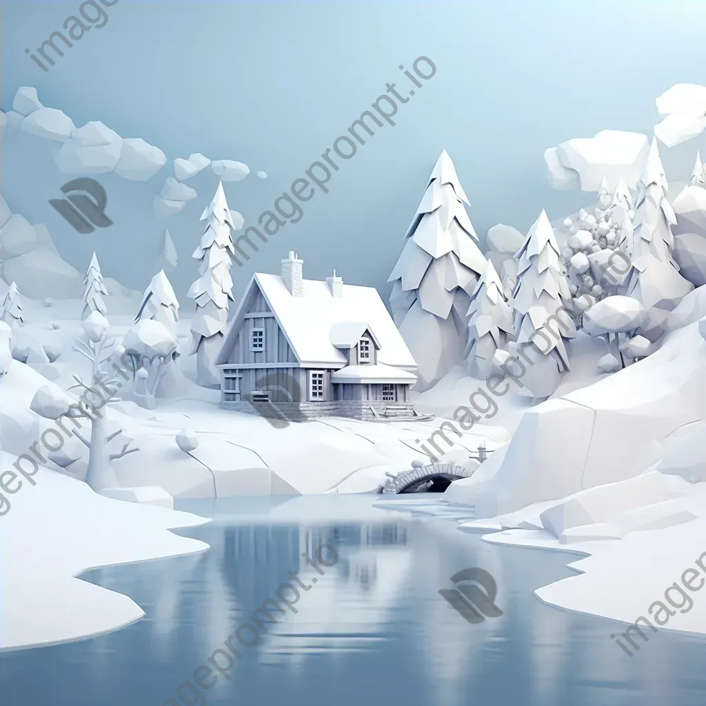 Low poly depiction of a remote cottage in a serene winter wonderland - Image 4