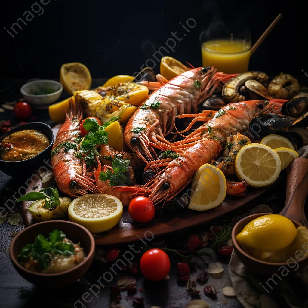 Stylish platter of grilled salmon and shrimp with lemon - Image 1