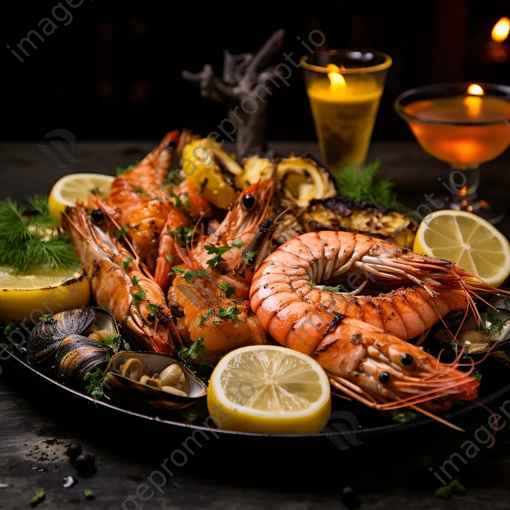 Stylish platter of grilled salmon and shrimp with lemon - Image 2