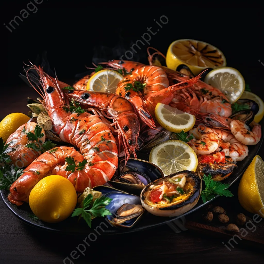 Stylish platter of grilled salmon and shrimp with lemon - Image 3