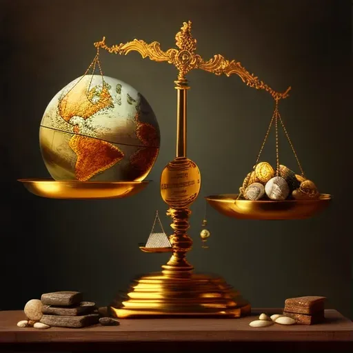 Scale balancing globe and gold bars critiquing global economy priorities - Image 1