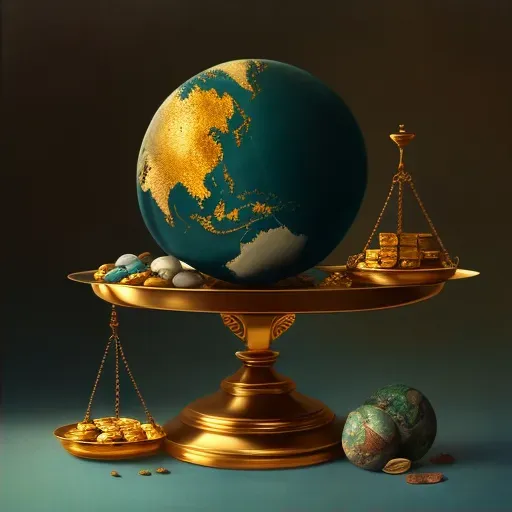 Scale balancing globe and gold bars critiquing global economy priorities - Image 2