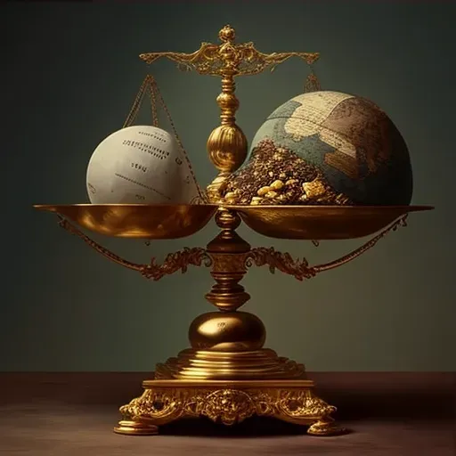 Scale balancing globe and gold bars critiquing global economy priorities - Image 3