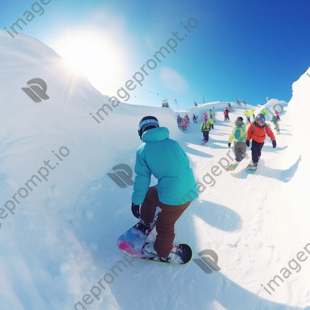 Snowboarders and skiers performing tricks in a winter snow park - Image 1