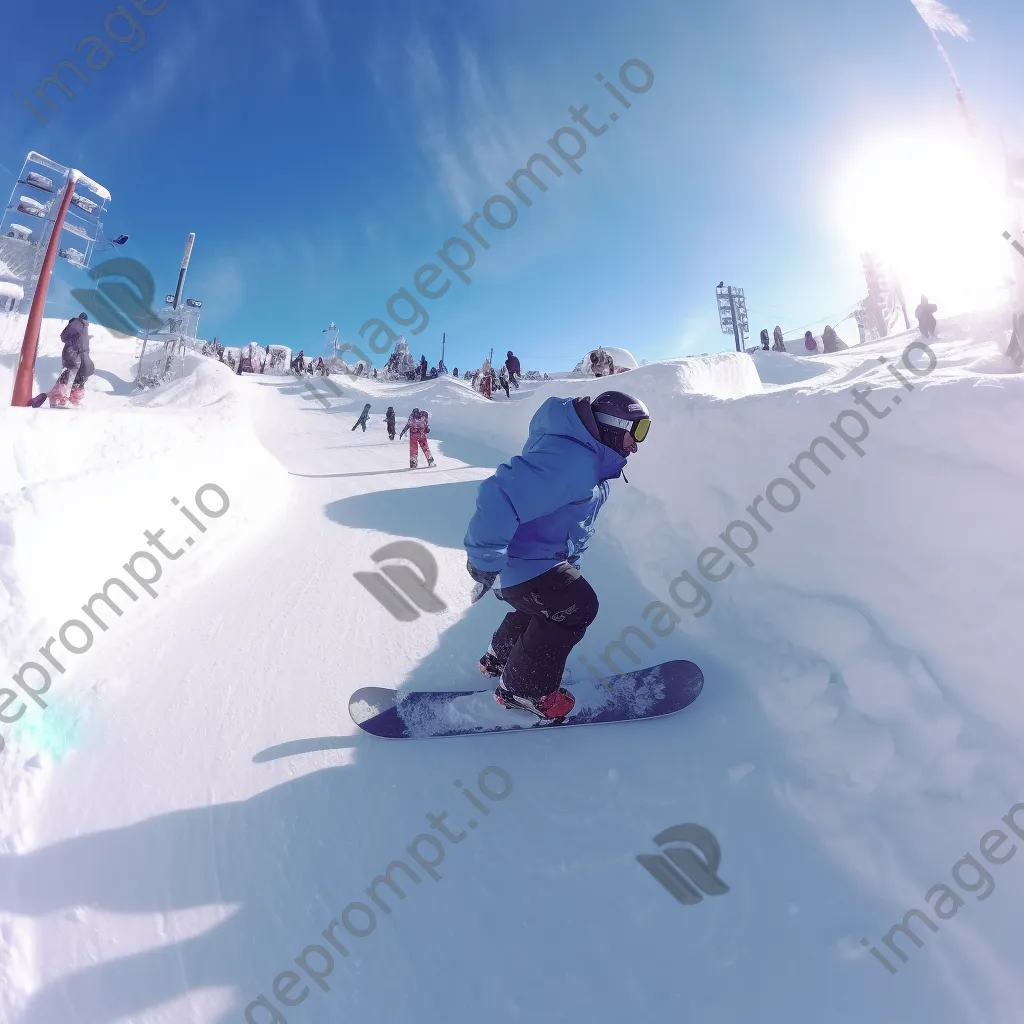 Snowboarders and skiers performing tricks in a winter snow park - Image 3