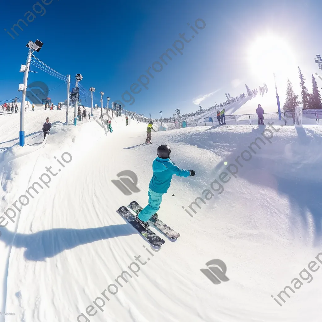 Snowboarders and skiers performing tricks in a winter snow park - Image 4