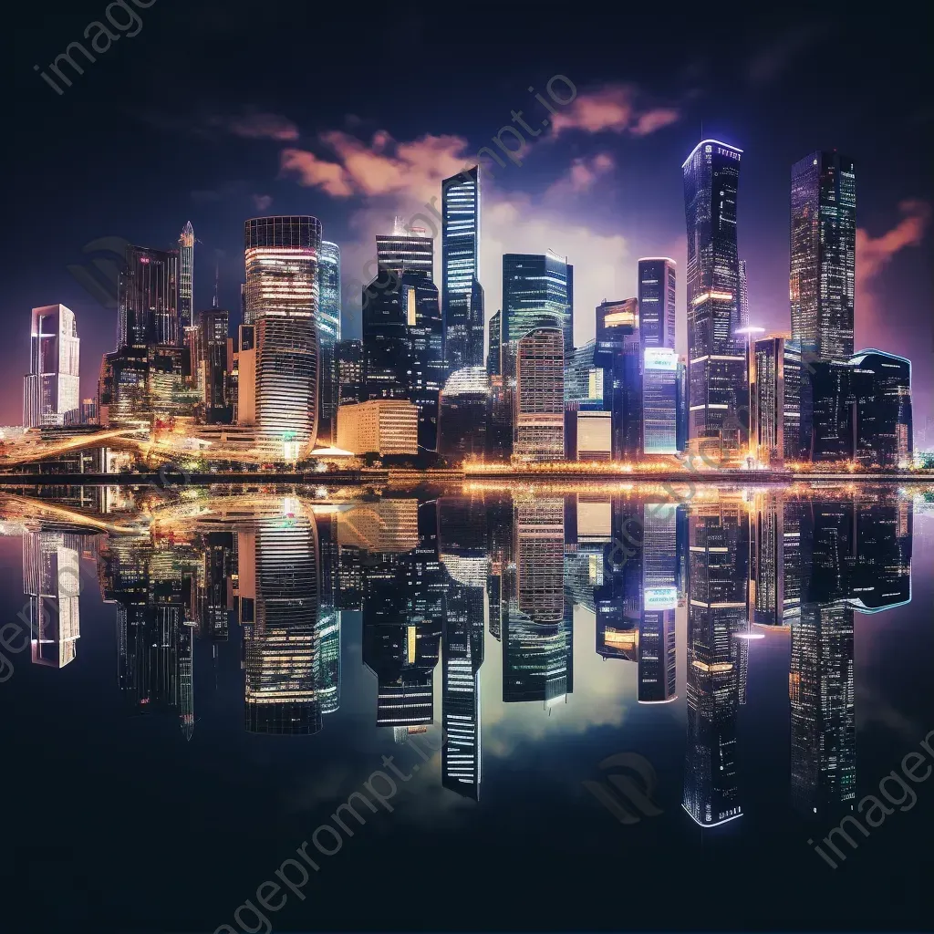 Cityscape skyline with glowing skyscrapers and lights reflected on a river at night - Image 1