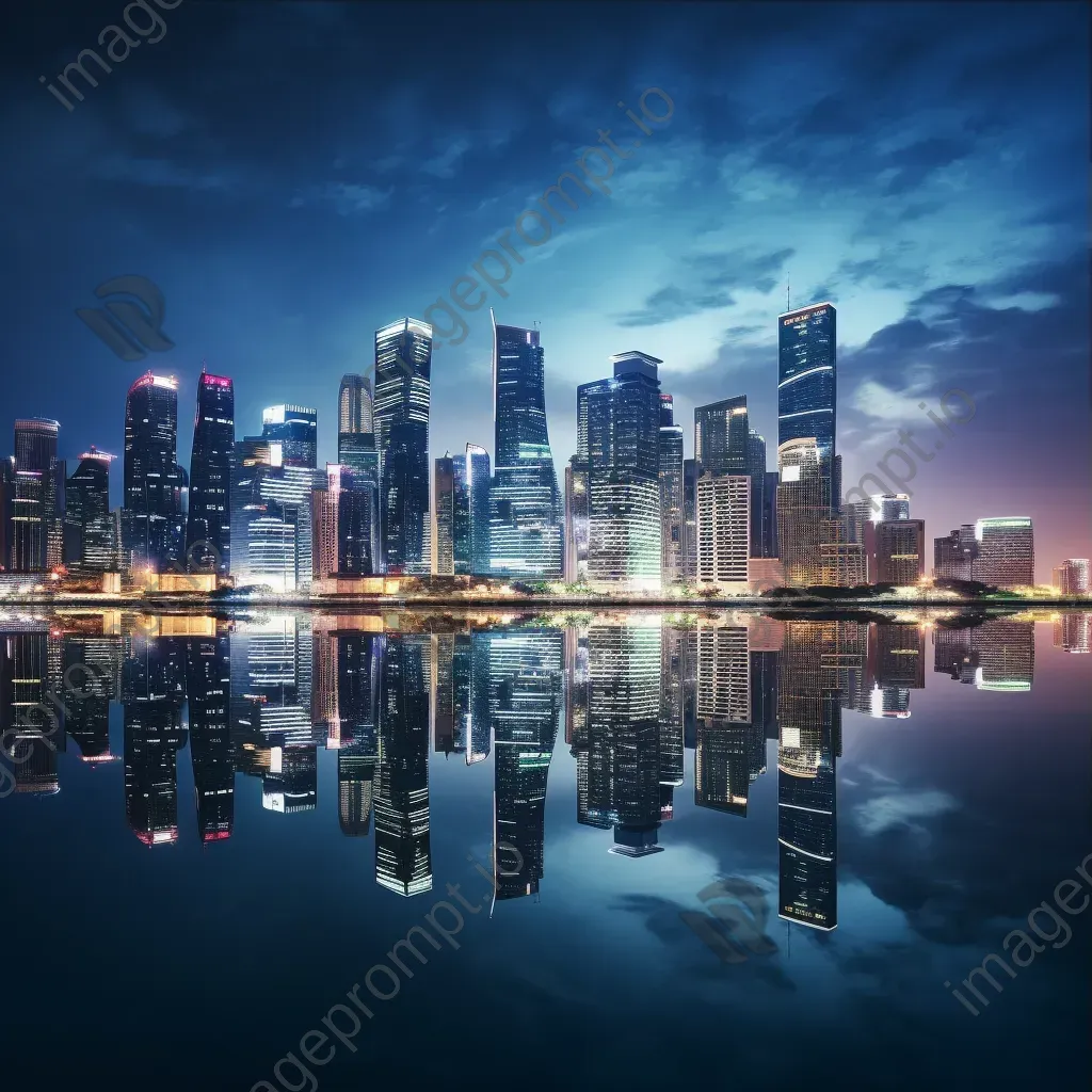 Cityscape skyline with glowing skyscrapers and lights reflected on a river at night - Image 3