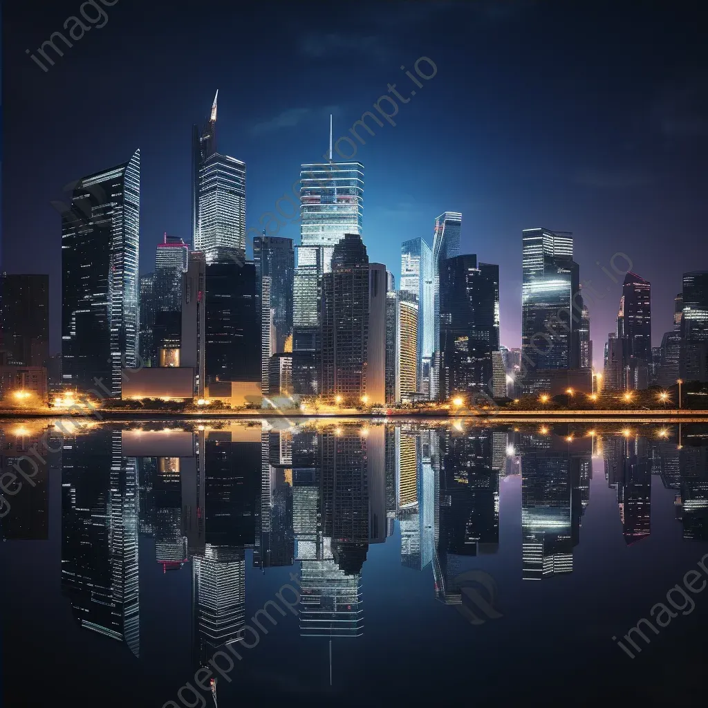 Cityscape skyline with glowing skyscrapers and lights reflected on a river at night - Image 4