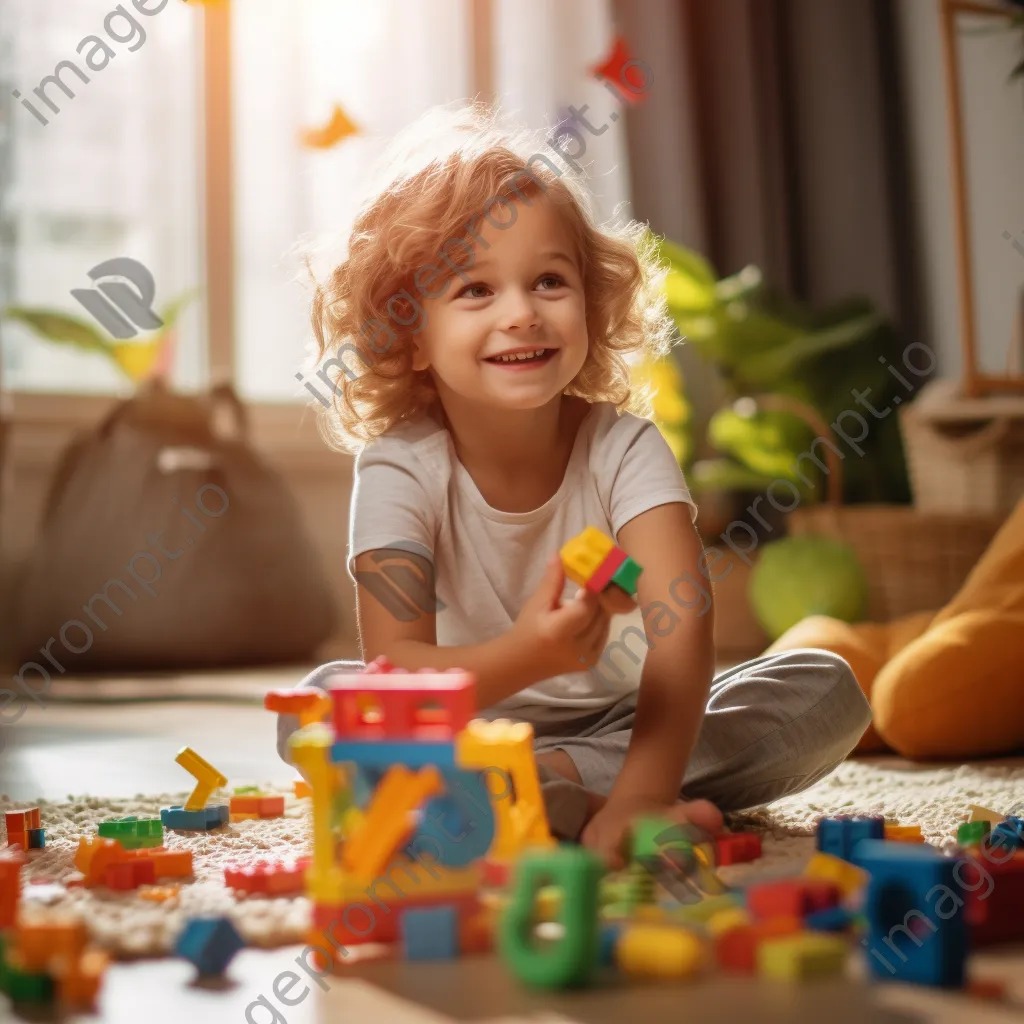 Child stacking colorful building blocks on a rug - Image 1