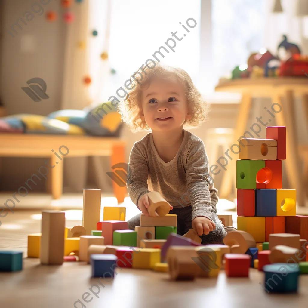 Child stacking colorful building blocks on a rug - Image 3