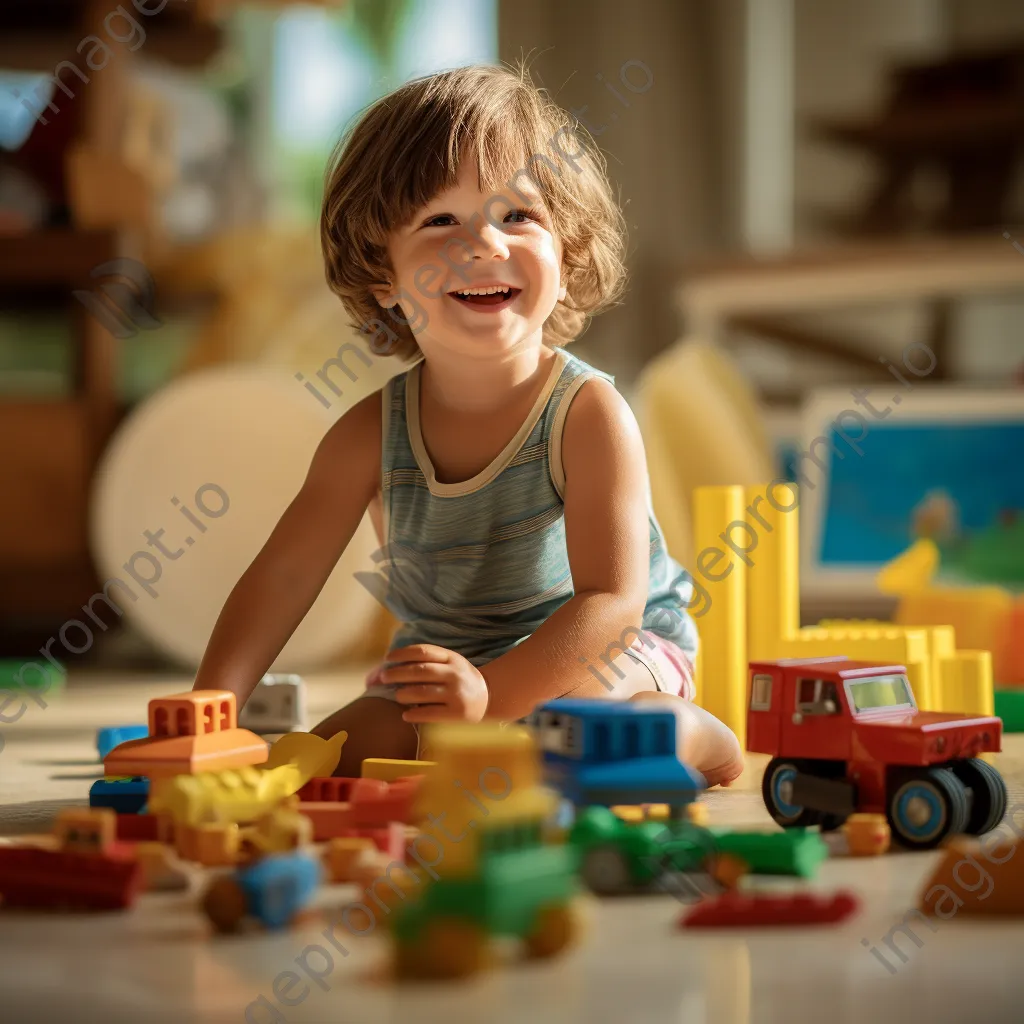 Child stacking colorful building blocks on a rug - Image 4