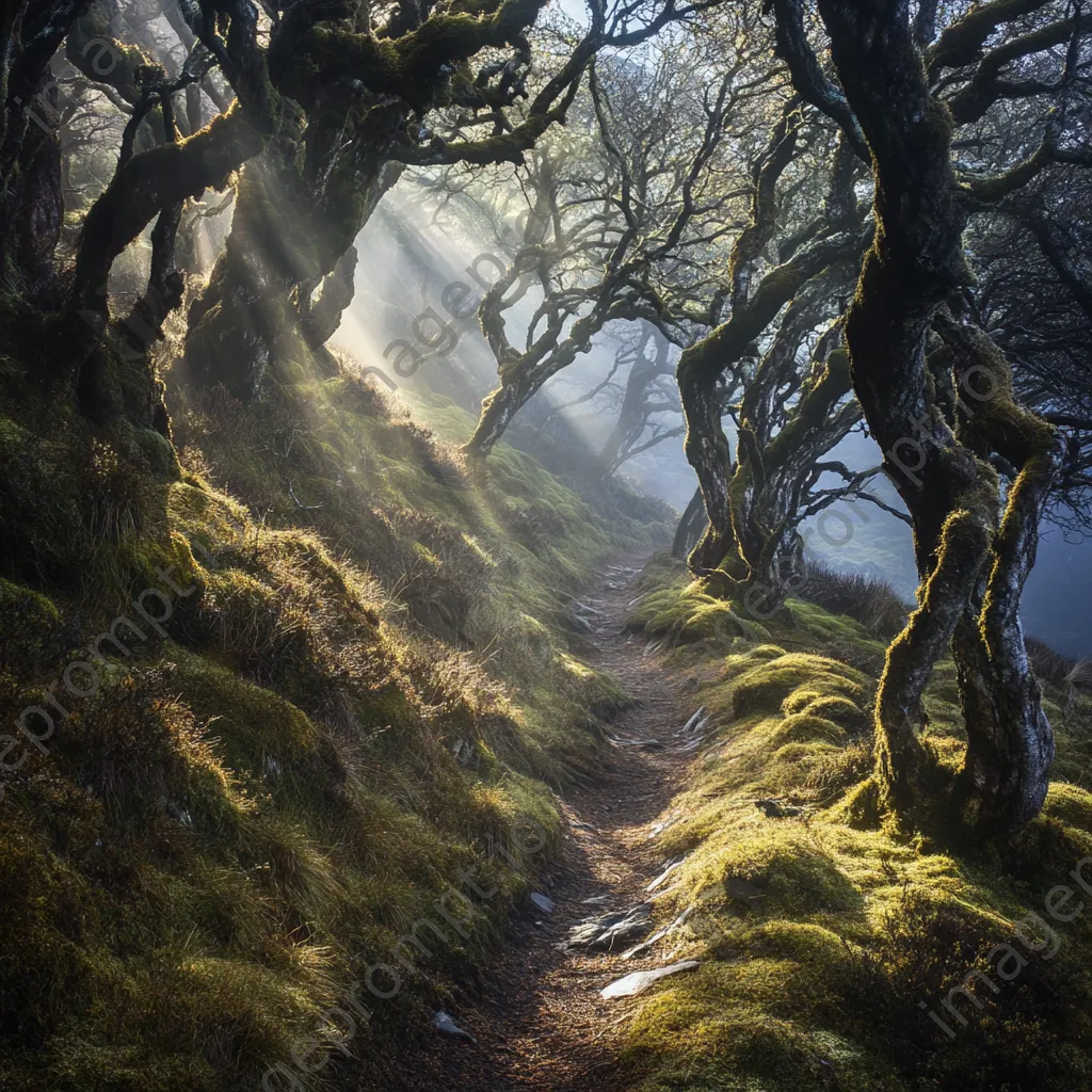 Forest path leading into a misty valley - Image 1