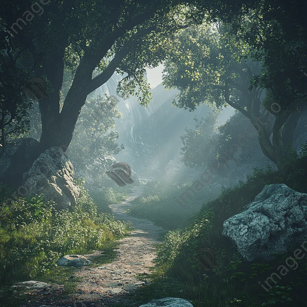 Forest path leading into a misty valley - Image 4