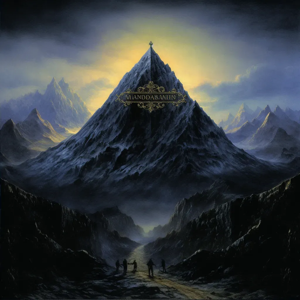 Image of a lonely mountain peak at dawn with valley darkness - Image 2