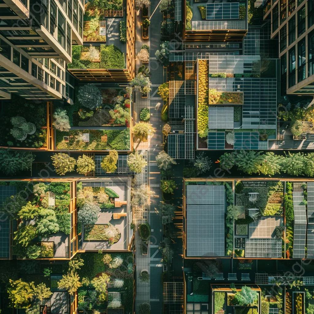 Drone view of urban rooftops with gardens and solar panels - Image 4