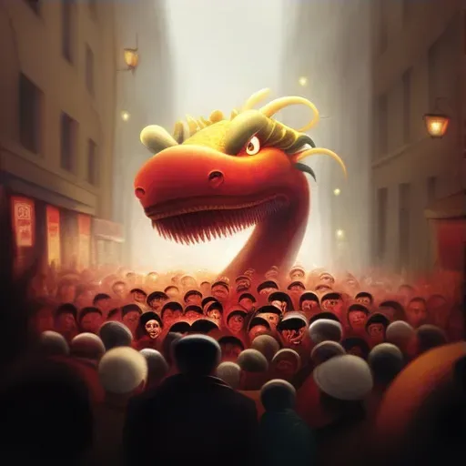 Vibrant illustration of a traditional Chinese New Year Dragon Dance with a red and gold dragon snaking through a crowded street - Image 3