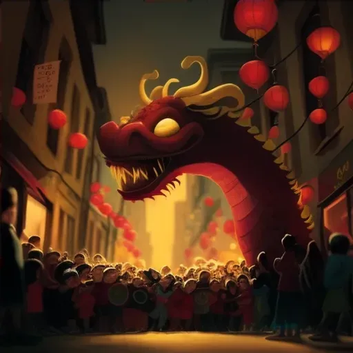 Vibrant illustration of a traditional Chinese New Year Dragon Dance with a red and gold dragon snaking through a crowded street - Image 4