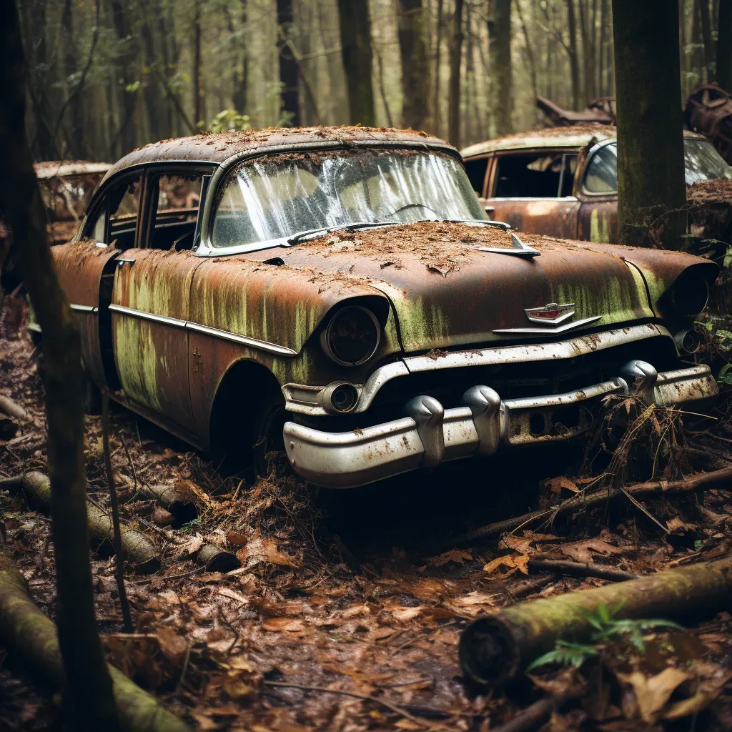 Vintage car graveyard with rusted automobiles in black and white - Image 1