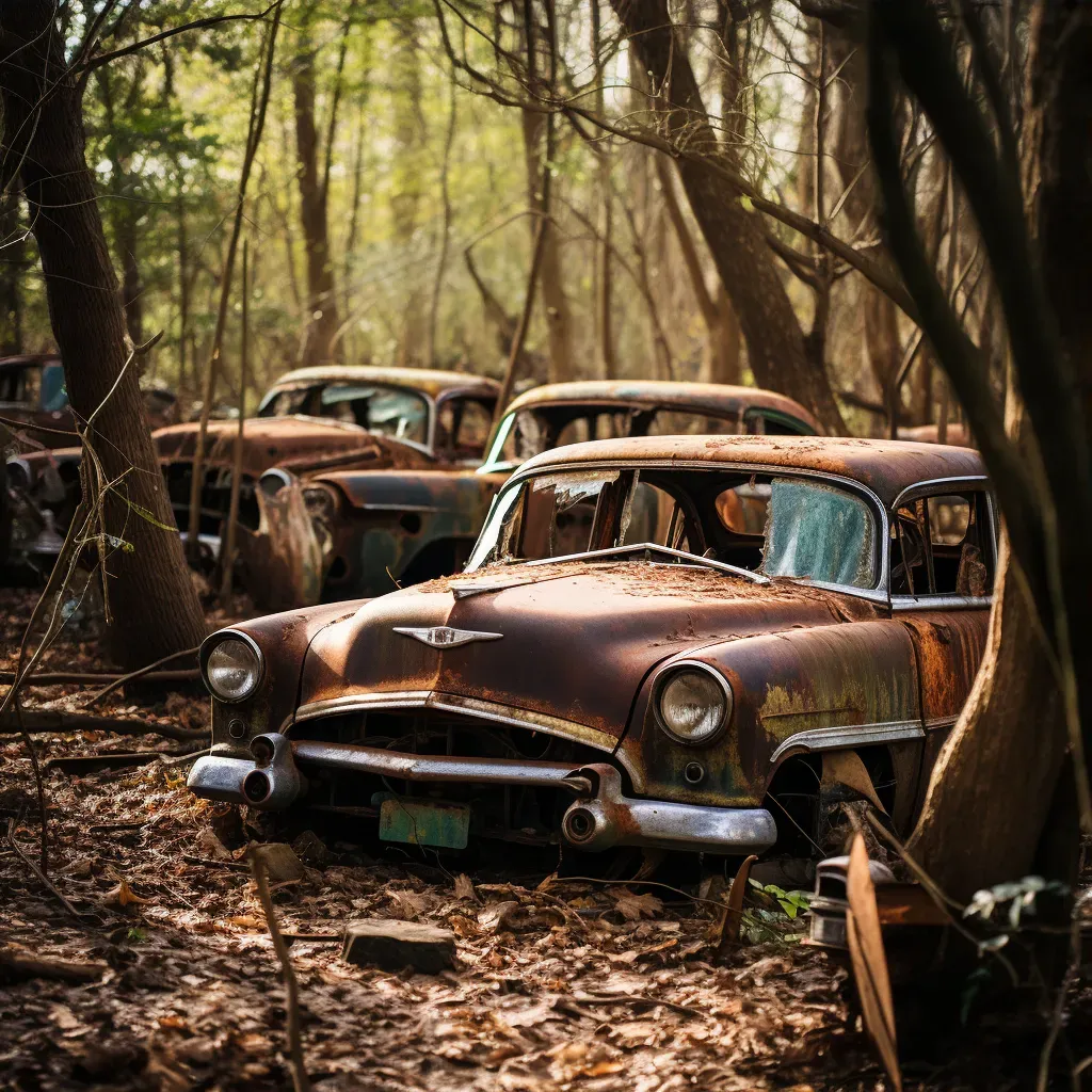 Vintage car graveyard with rusted automobiles in black and white - Image 3