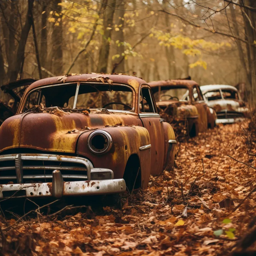 Vintage car graveyard with rusted automobiles in black and white - Image 4