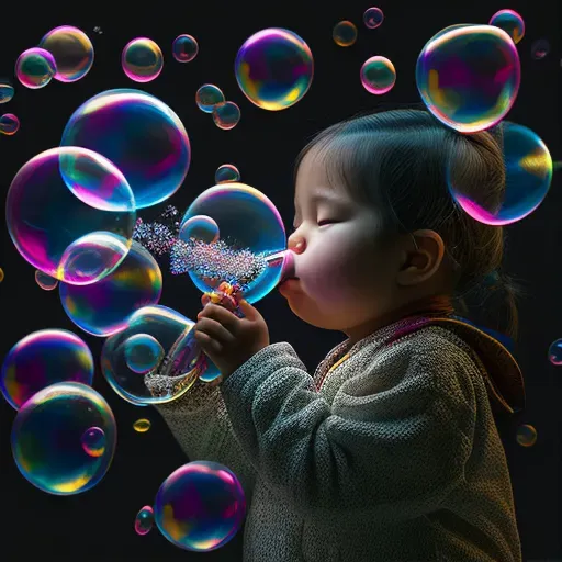 Child blowing soap bubbles with unique worlds inside - Image 1