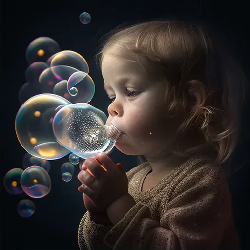 Child blowing soap bubbles with unique worlds inside - Image 2