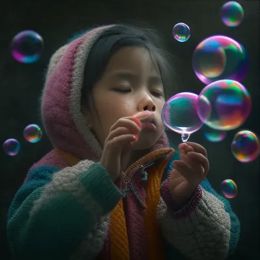 Child blowing soap bubbles with unique worlds inside - Image 3