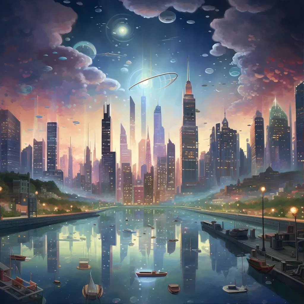 Technological cityscape with magical floating cars and energy-infused skyscrapers - Image 1