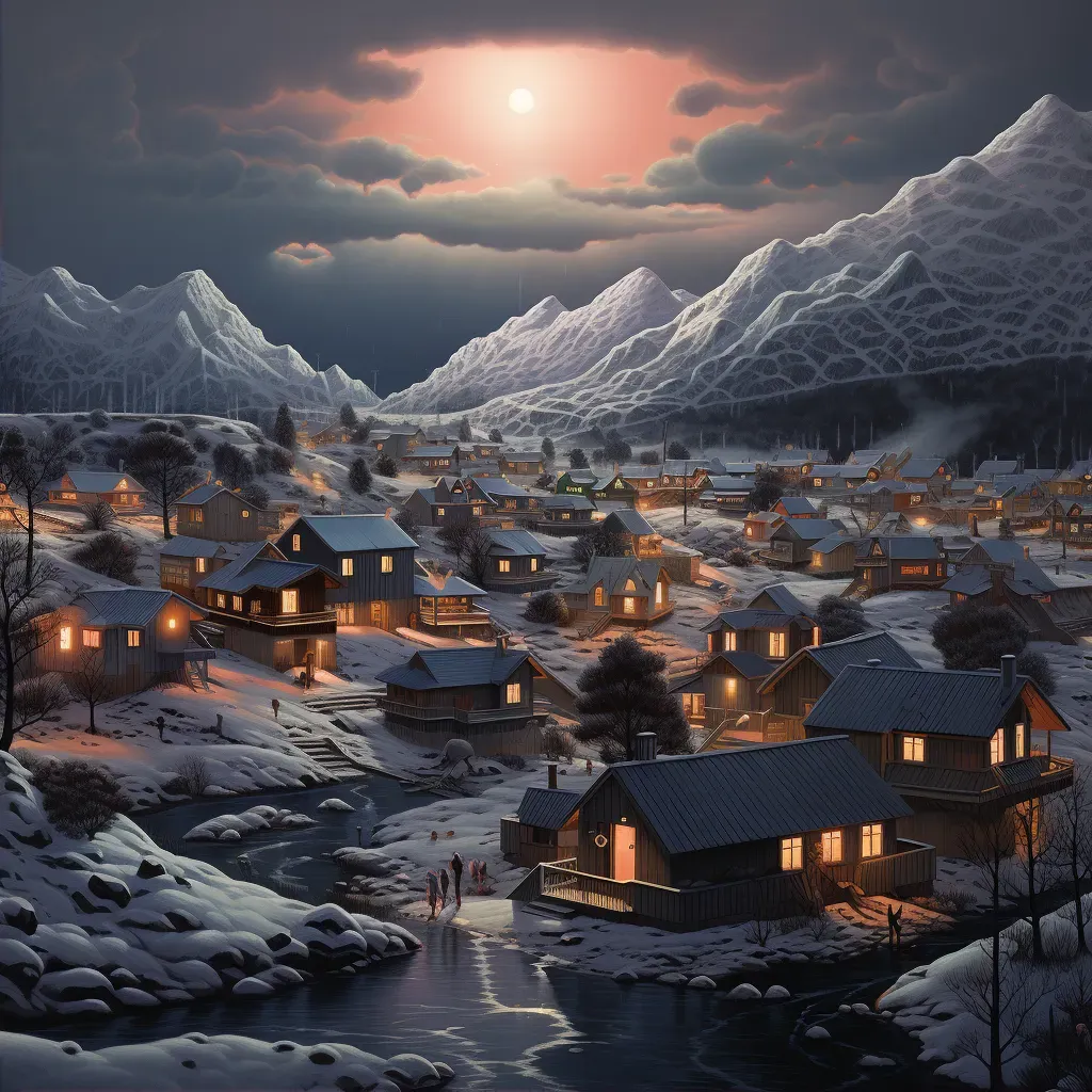 Village at mountain base, warm village lights against dark mountain - Image 2