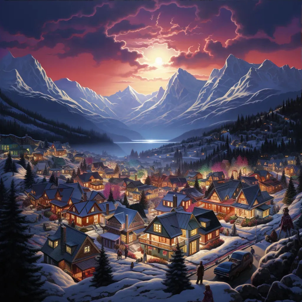 Village at mountain base, warm village lights against dark mountain - Image 3