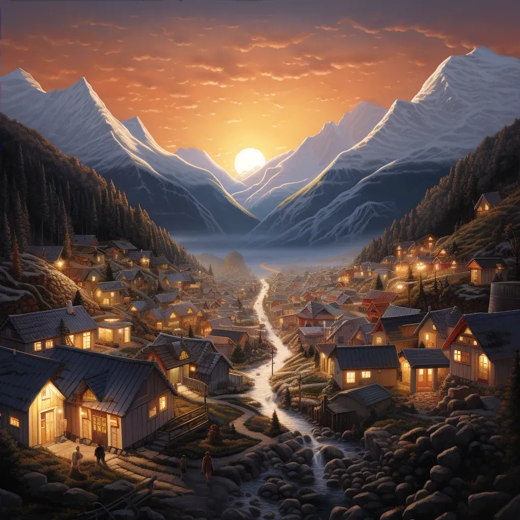 Village at mountain base, warm village lights against dark mountain - Image 4