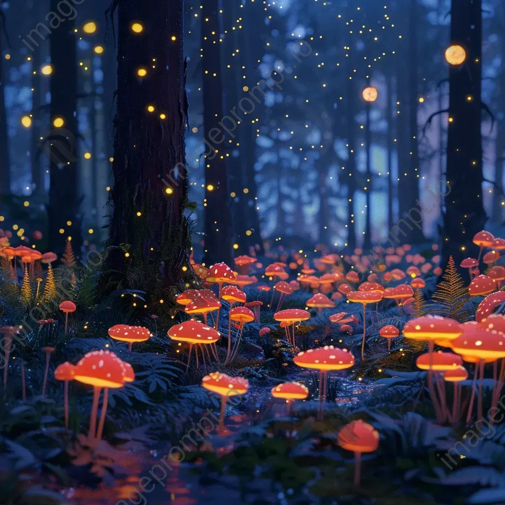 Enchanted forest at midnight with glowing mushrooms and fireflies - Image 2