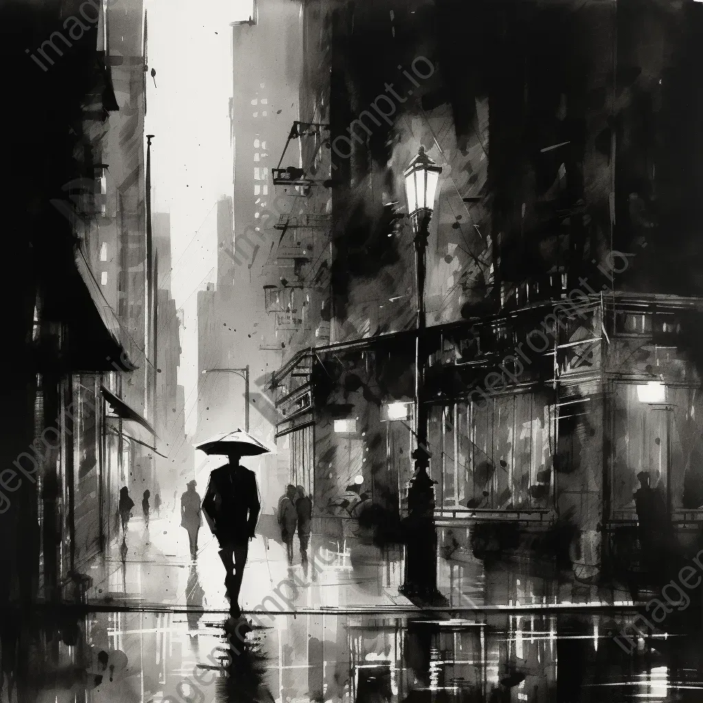 Rain-drenched streets depicted through an abstraction in ink wash, noir-inspired - Image 1